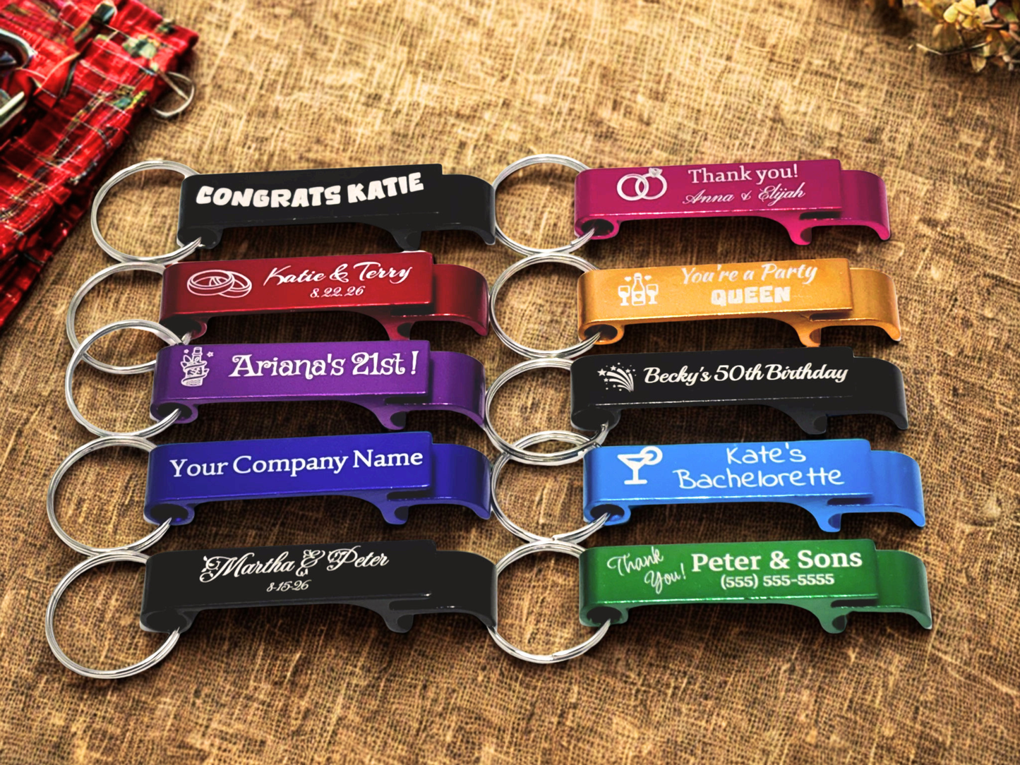 Engraved Alumimum Bottle Opener with Keychain - 10 Pieces