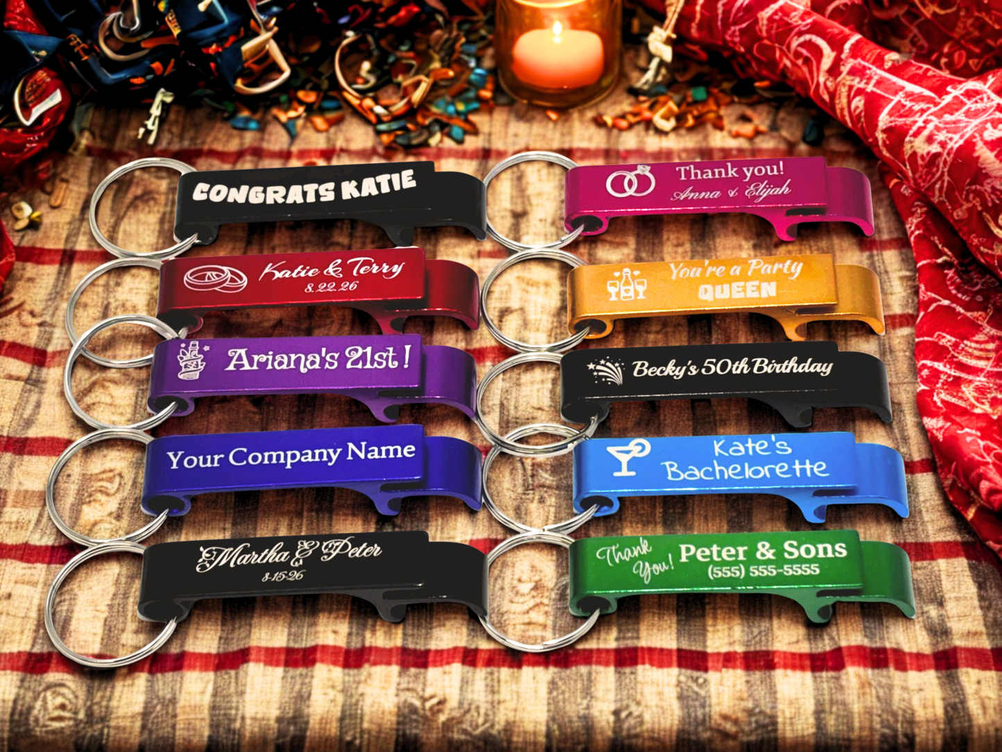 Engraved Alumimum Bottle Opener with Keychain - 10 Pieces
