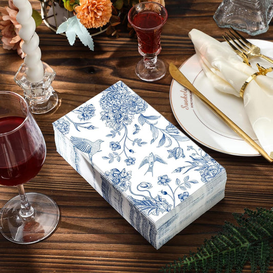 Blue and White Floral Dinner Napkins with Birds / 50 Napkins